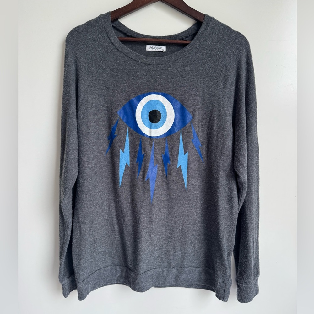 Lauren Moshi Electric Evil Eye long sleeve pullover sweatshirt charcoal grey